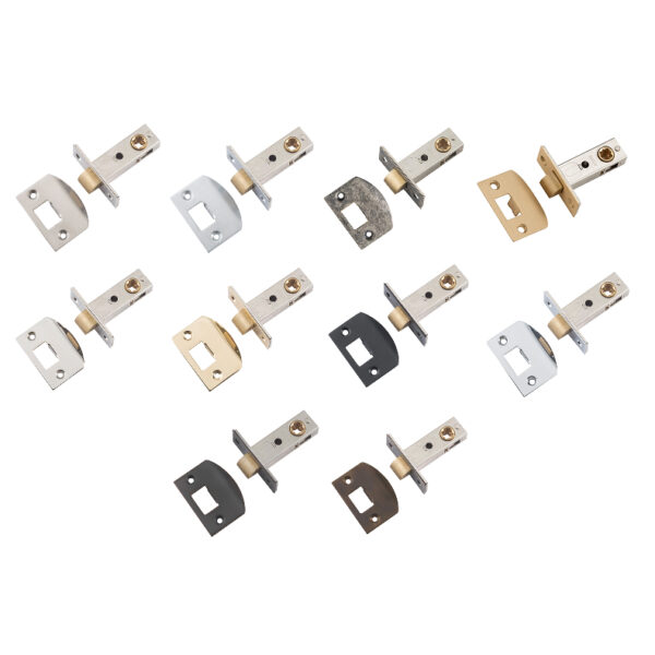 Hard sprung split cam tube latches featuring brass face plate and striker.